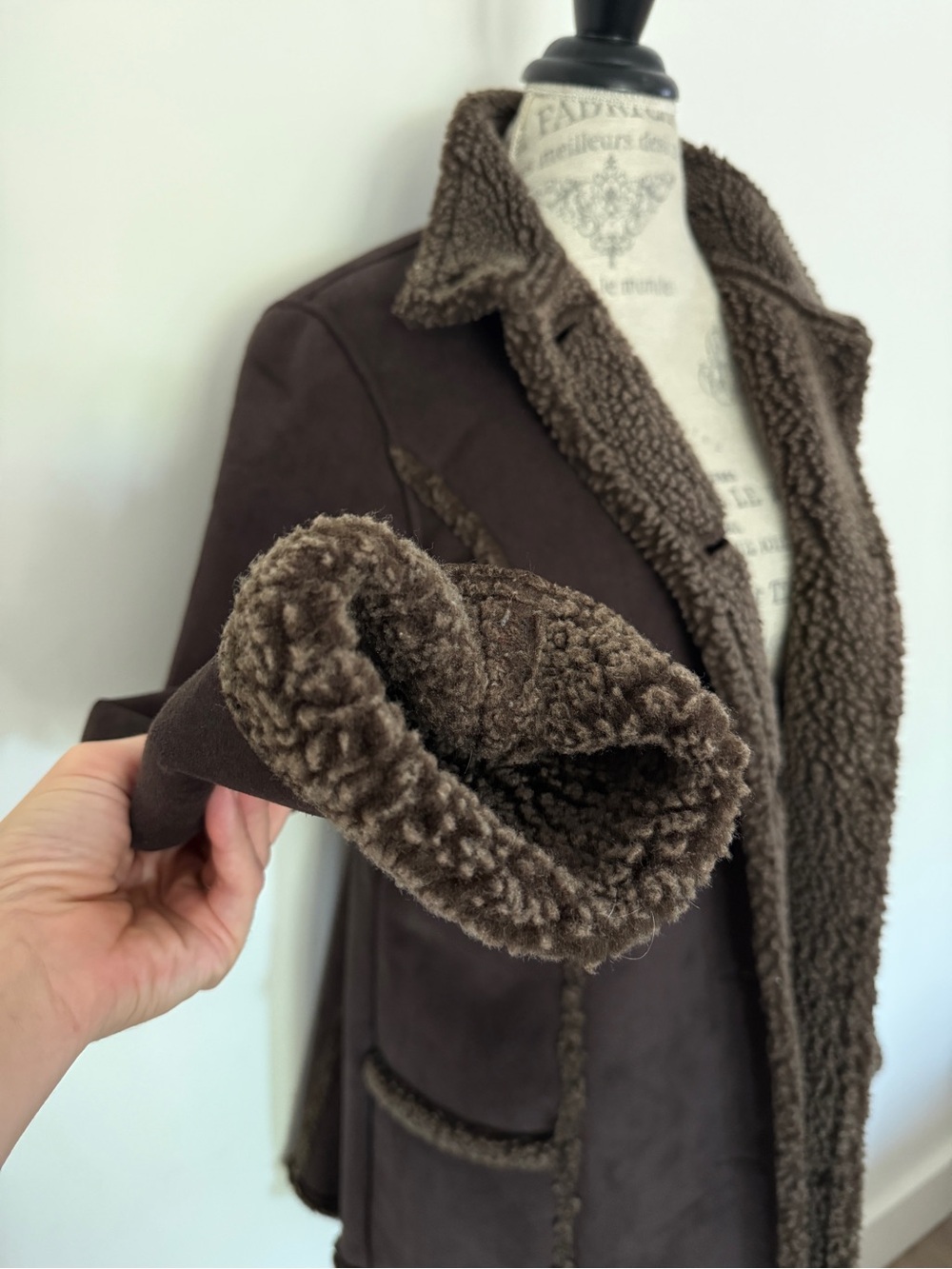L.L. Bean Chocolate Brown Faux Suede Sherpa Shearling Coat - Picture 3 of 10